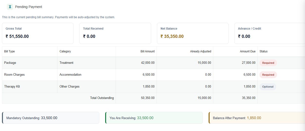 Nalam bill generation workflow with patient charges and payment summary